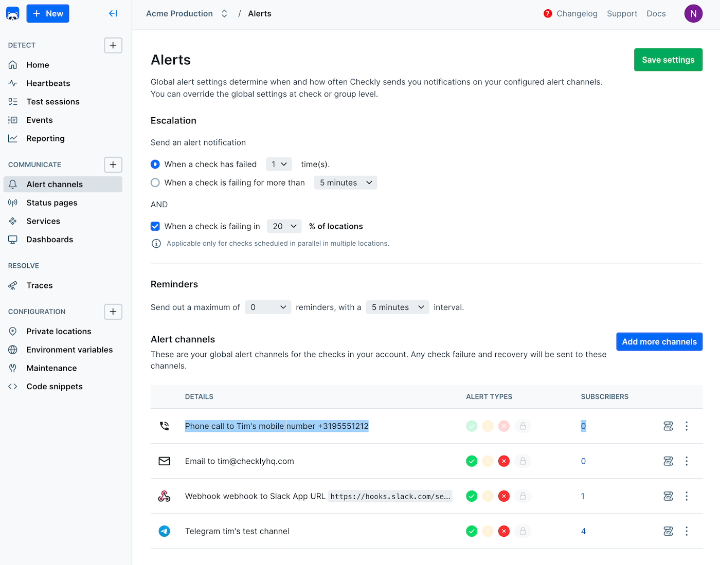 alert settings account / threshold alerting