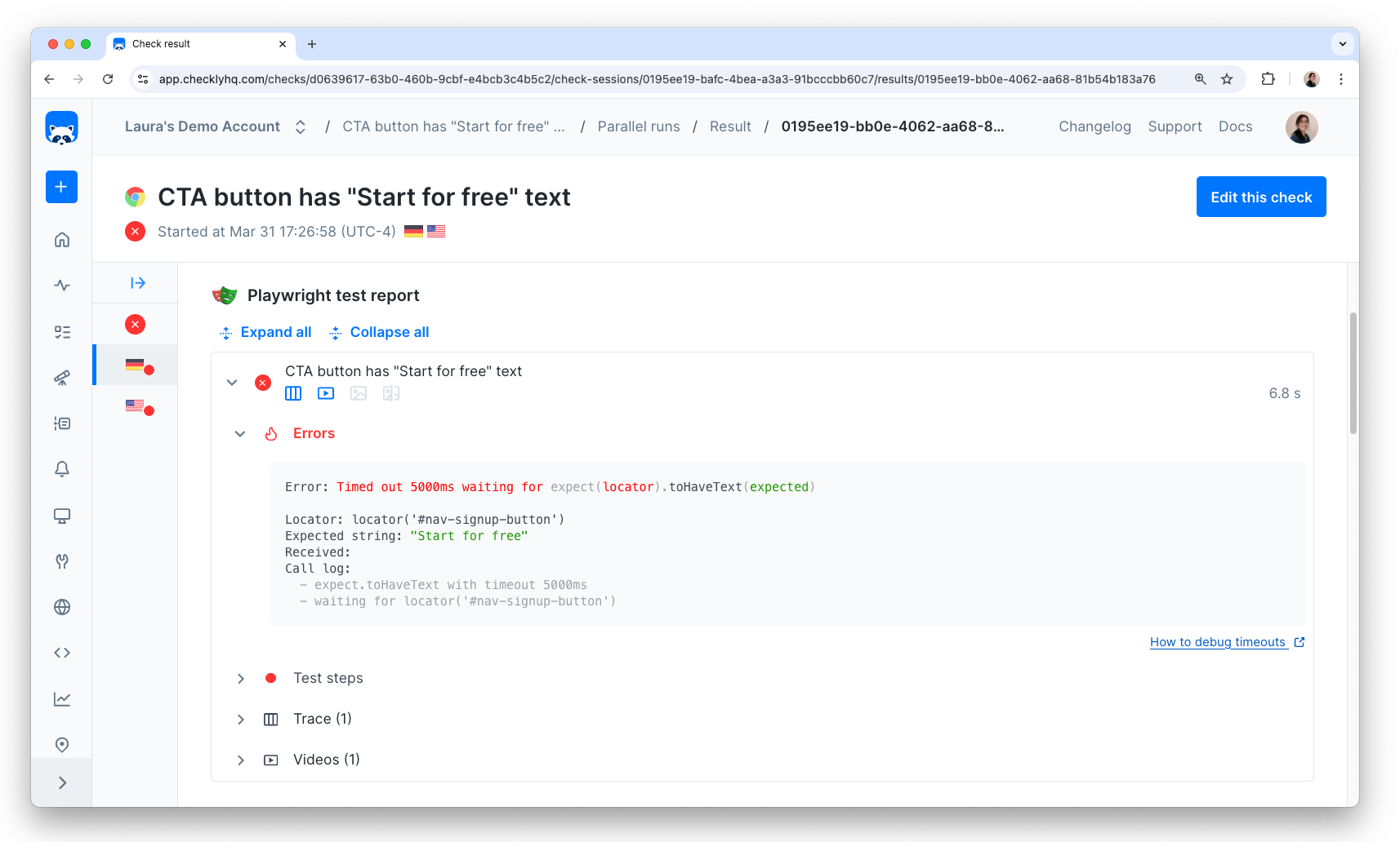 Viewing a failed check result
